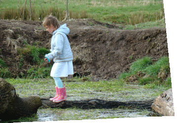 foto meisje lopend over liggende boomstam in nat grasland